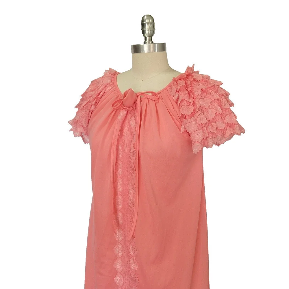 Vintage 60s Pink Nightgown Size S Ruffles Nylon Short Sleeve Lingerie Coquette